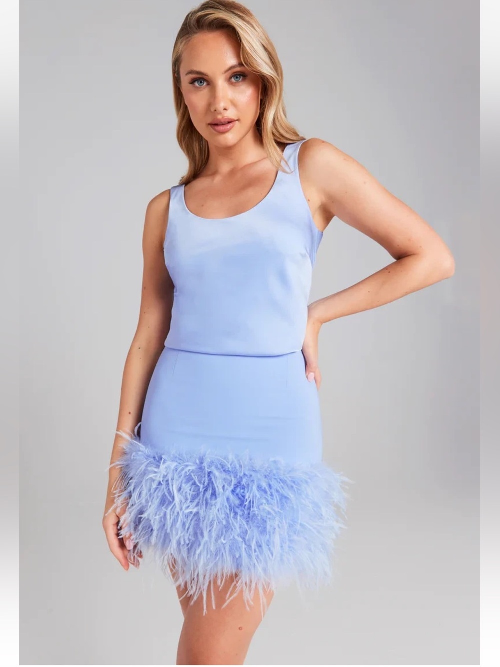 NWT Nadine Merabi Mia Nicole Blue Feather Skirt Set Size XS